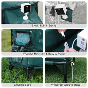 Clawsable heated outdoor cat house with built-in camera shown installed, featuring an elevated base, windproof ground stakes, and weather-resistant design for stable outdoor use.