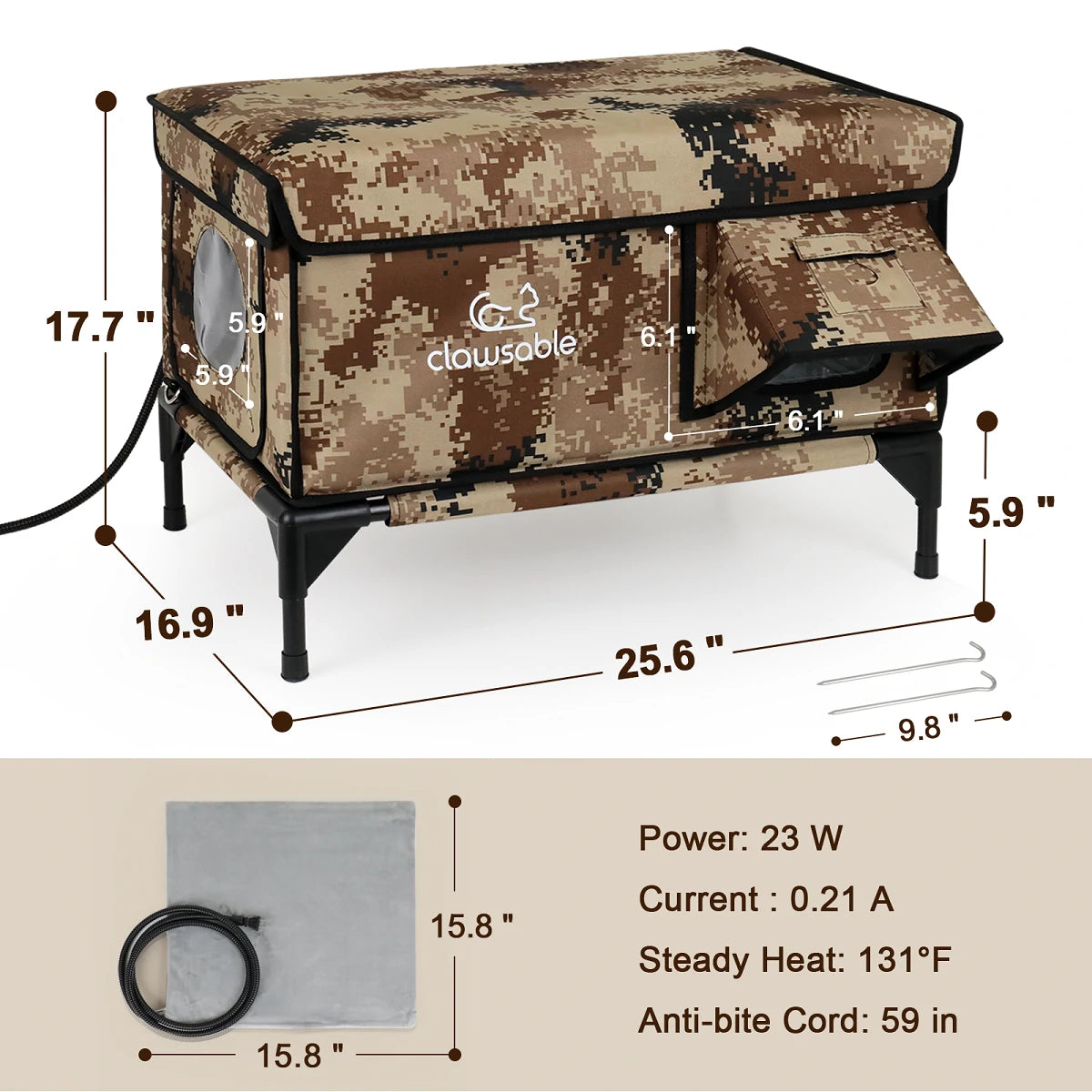 Heated cat house dimensions: size, power, anti-bite cord specs