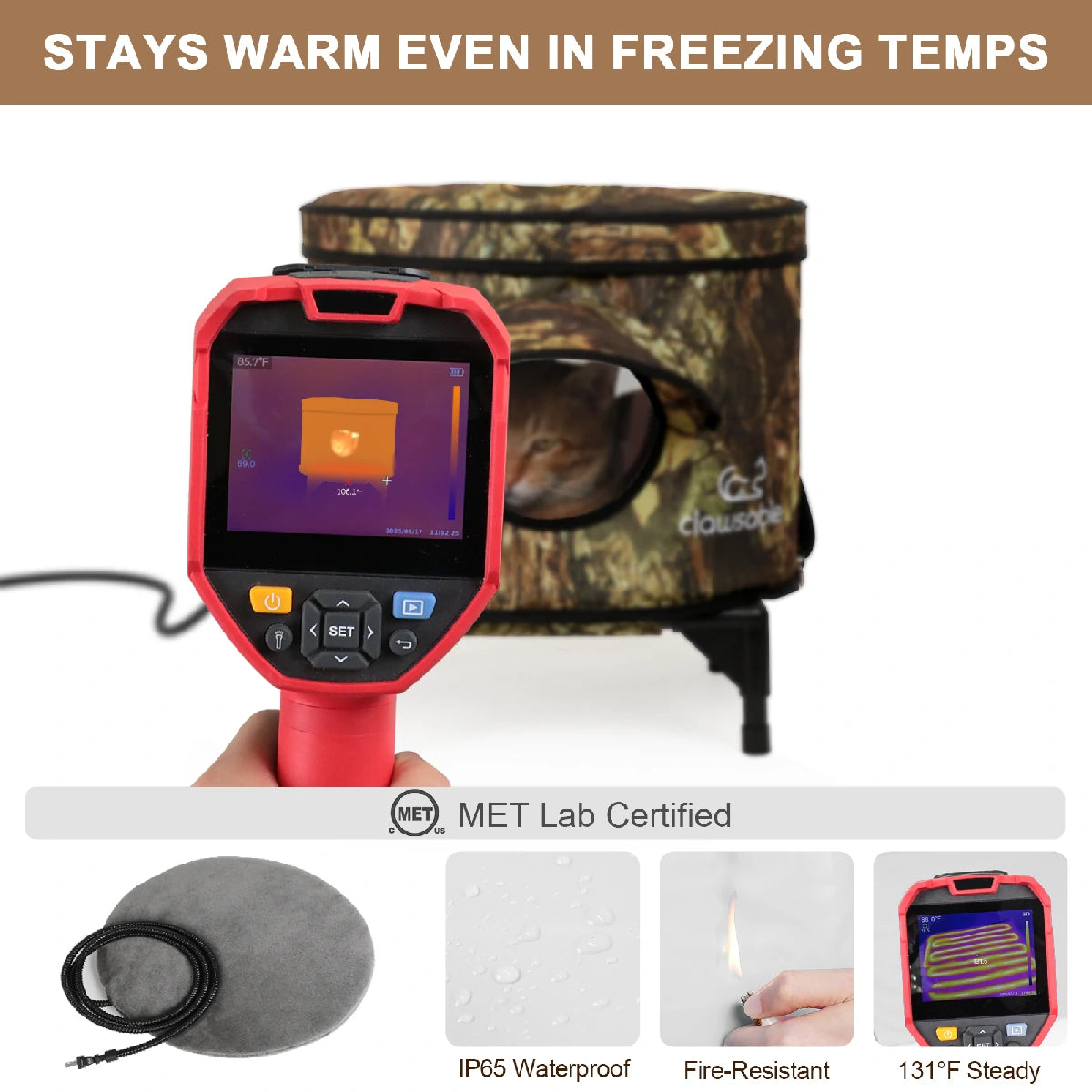 Outdoor heated cat house with waterproof and fireproof design, keeps pets warm in freezing winter temperatures, steady 131°F heating pad included, MET lab certified