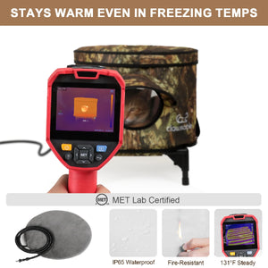 Outdoor heated cat house with waterproof and fireproof design, keeps pets warm in freezing winter temperatures, steady 131°F heating pad included, MET lab certified