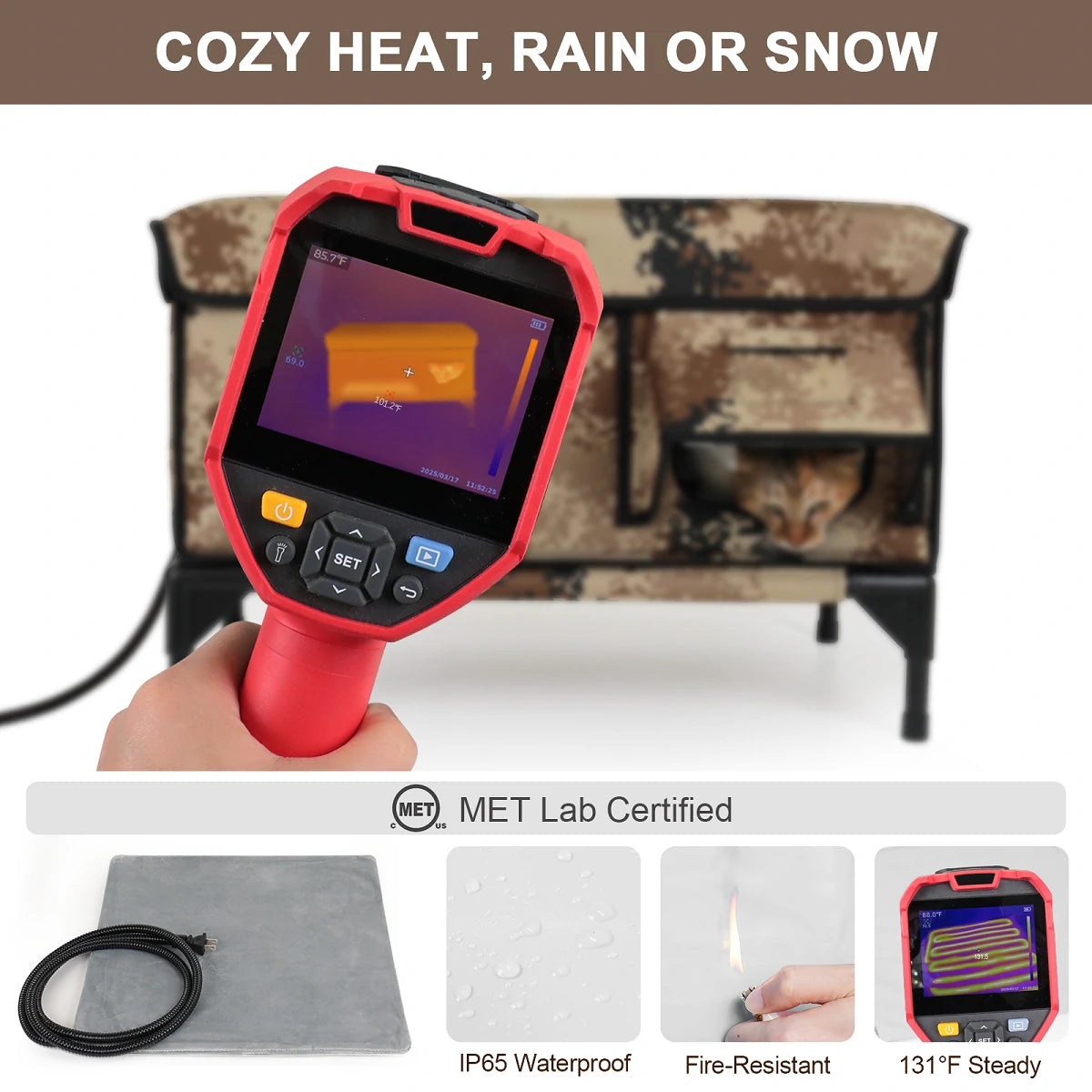 Thermal test of heated cat house, MET-certified waterproof mat shown