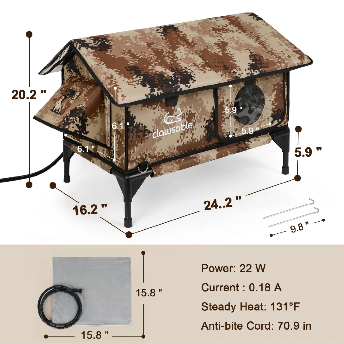 Dimensions and specifications of desert camouflage heated outdoor cat house, 22W power, 131°F steady heat, waterproof design with 70.9-inch anti-bite cord for winter pet shelter