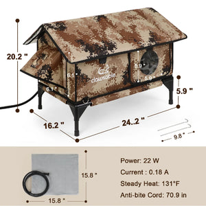 Dimensions and specifications of desert camouflage heated outdoor cat house, 22W power, 131°F steady heat, waterproof design with 70.9-inch anti-bite cord for winter pet shelter