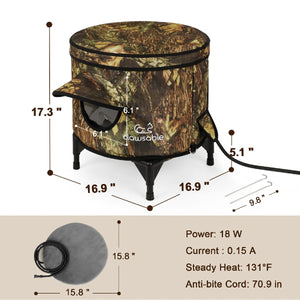 Dimensions and specs of outdoor heated cat house, 131°F steady heat, 18W power, waterproof design with 70.9-inch anti-bite cord, insulated winter shelter for cats