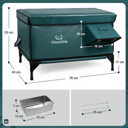 Dimensions chart of green heated outdoor cat house with detailed size measurements of entrance, elevated base, and stainless steel food tray