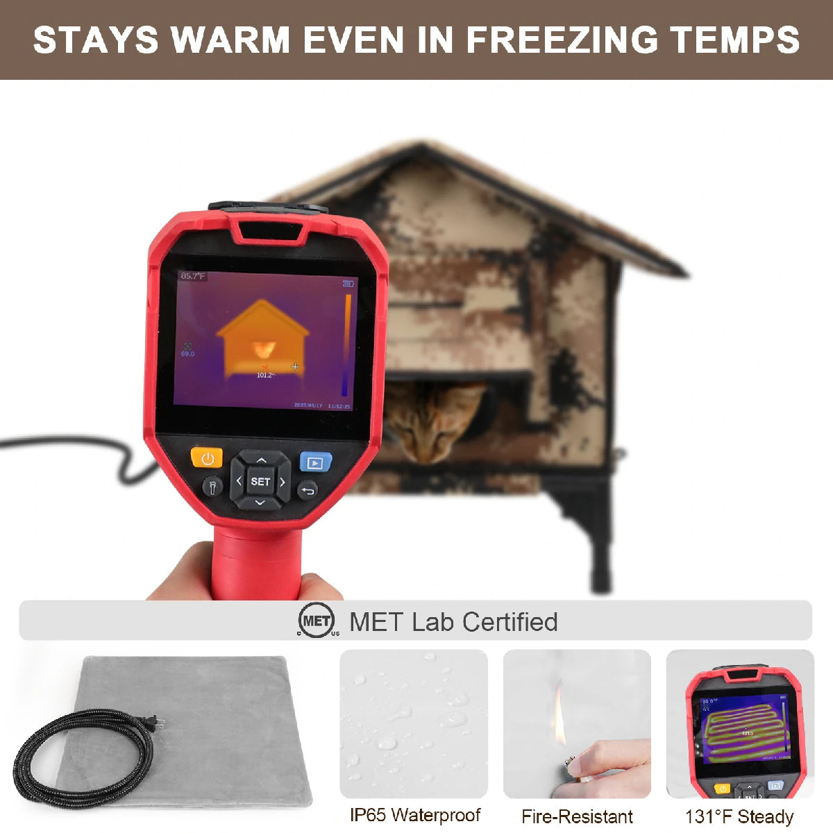 Heated outdoor cat house with waterproof and fire-resistant heating pad, keeps cats warm and safe even in freezing winter temperatures, MET certified.