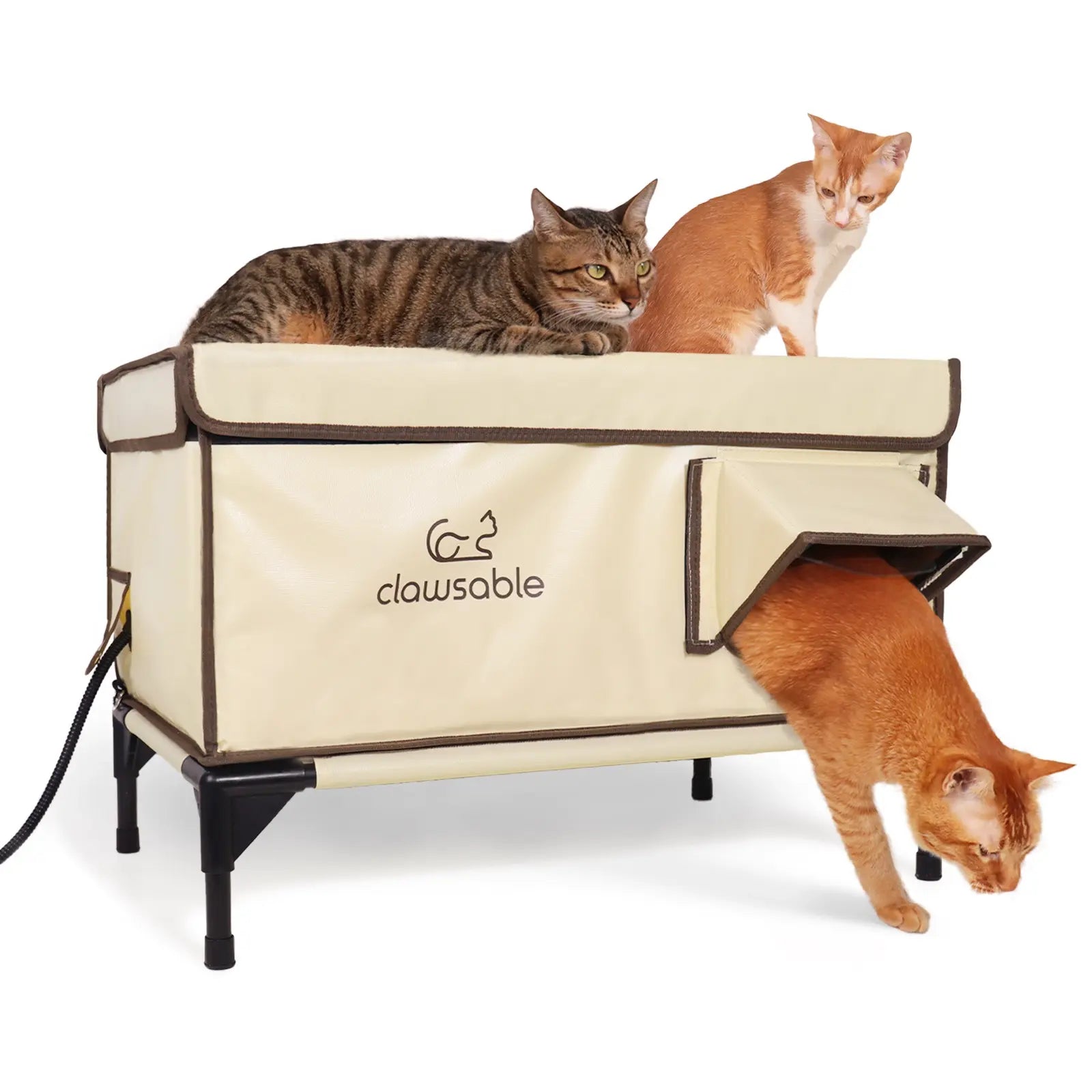 Outdoor Elevated Heated Cat House 2 Door Lift Top Large Mesh Embedded PVC Cream