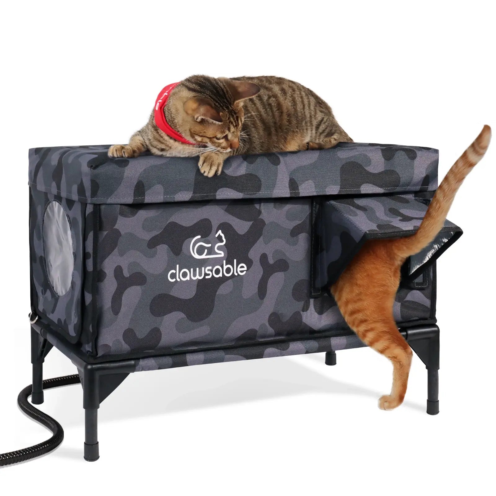 heated elevated cat house two door black camo large