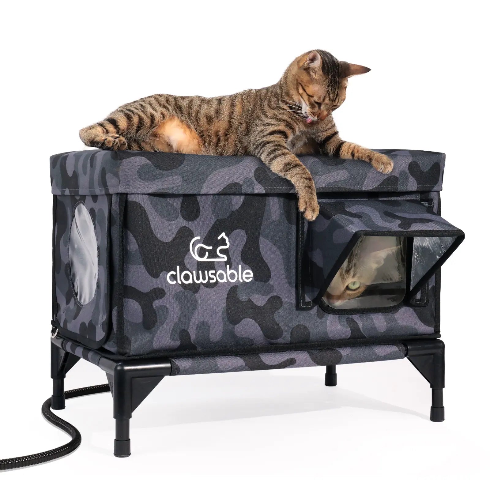 heated two door elevated cat shelter black camo medium