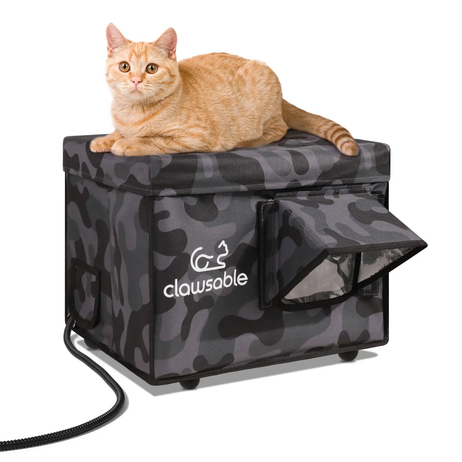 two door heated cat house waterproof black camo small