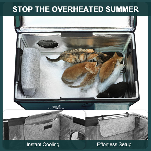 Pet house with kitties inside, featuring text about stopping overheated summer.