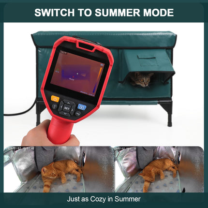 Infrared thermal imaging device being used to check the comfort of a cat in a green outdoor enclosure.