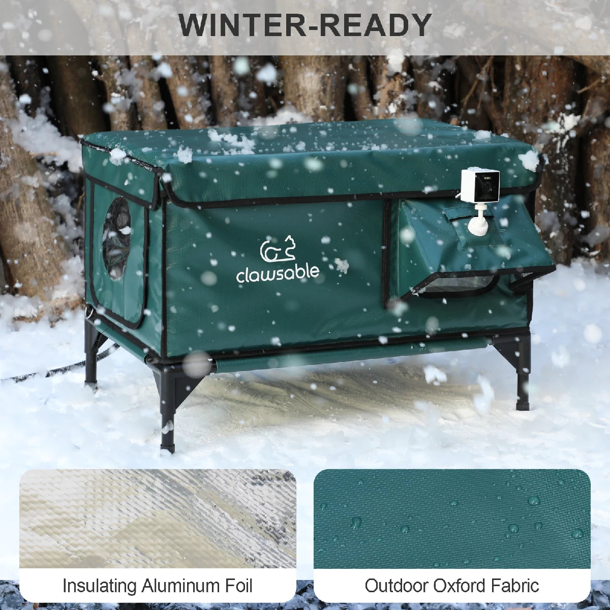 Weatherproof insulated outdoor heated cat house for feral and outdoor cats, featuring aluminum foil and Oxford fabric to keep pets warm in winter snow