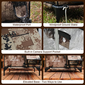 Outdoor cat house details: waterproof port, windproof stake, camera pocket