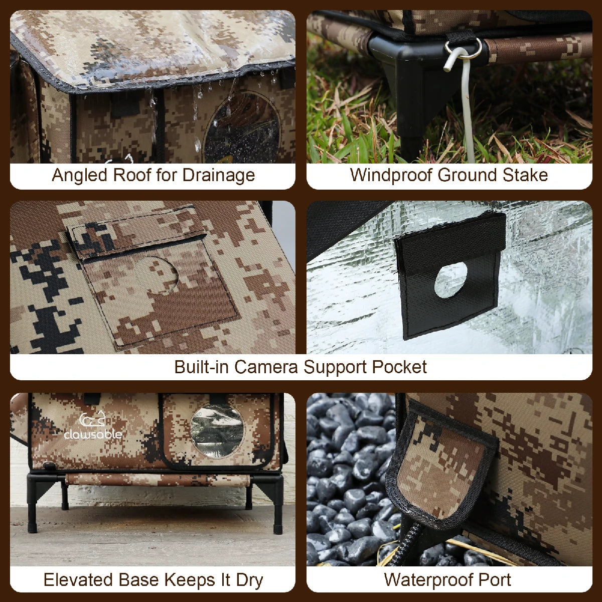 Durable outdoor cat house with waterproof port, windproof ground stake, angled roof for drainage, built-in camera pocket, and elevated base to keep it dry