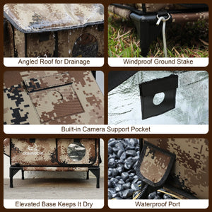 Durable outdoor cat house with waterproof port, windproof ground stake, angled roof for drainage, built-in camera pocket, and elevated base to keep it dry