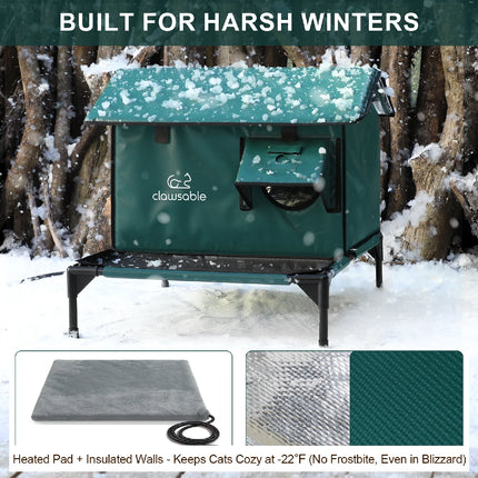  The Clawsable outdoor heated cat house, built for harsh winters. This insulated, weatherproof shelter features a heated pad that protects cats from frostbite, keeping them warm and cozy in temperatures as low as -22°F, even during a blizzard.