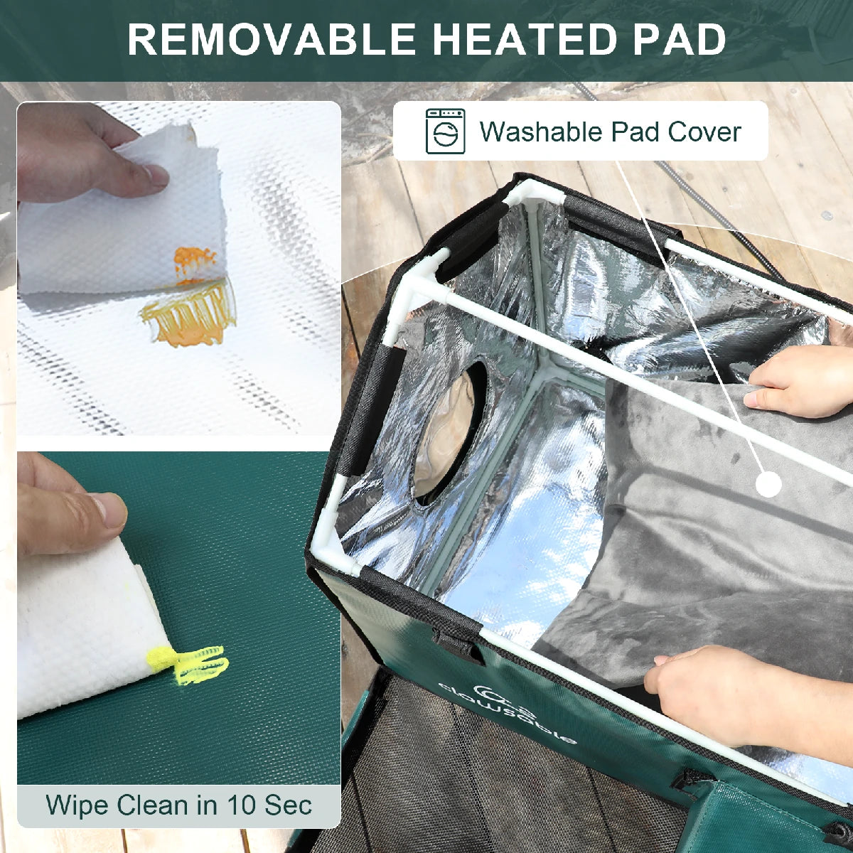 Close-up of an outdoor heated cat house, showing how the removable heated pad can be easily wiped clean in seconds or the washable cover machine-washed for simple maintenance.