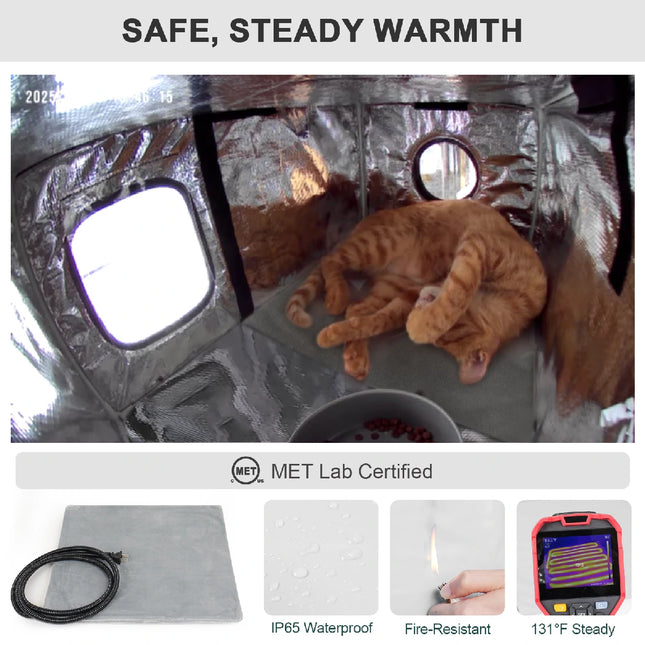 heated cat house interior showing a cat resting warmly, with MET safety certification, fire-resistant walls, and IP65 waterproof design for steady 131°F warmth.