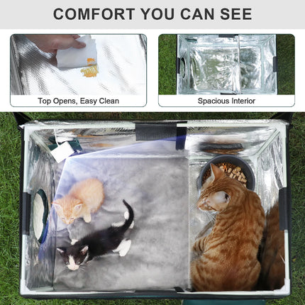 Spacious outdoor heated cat house with easy-to-clean top opening and cozy interior for multiple cats