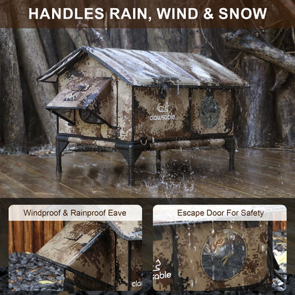 Outdoor waterproof and windproof cat house with elevated base and escape door, ideal for keeping cats warm and dry in rain, wind, and snow.