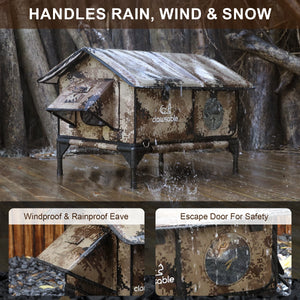 Outdoor waterproof and windproof cat house with elevated base and escape door, ideal for keeping cats warm and dry in rain, wind, and snow.