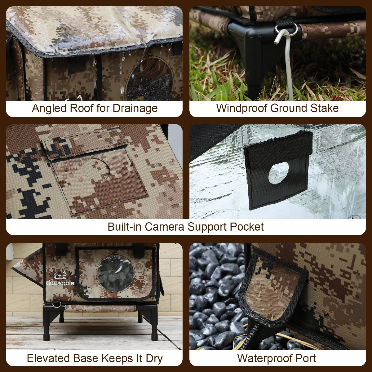 Close-up details of the outdoor cat house showing angled roof for drainage, waterproof port, windproof ground stake, built-in camera support pocket, and elevated base that keeps it dry and stable.