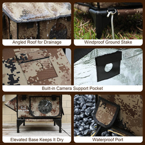 Close-up details of the outdoor cat house showing angled roof for drainage, waterproof port, windproof ground stake, built-in camera support pocket, and elevated base that keeps it dry and stable.