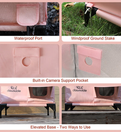 Detail view of pink heated cat house – upgraded waterproof seams and escape door