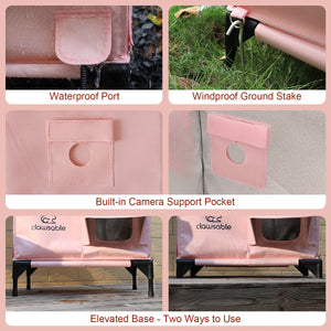 Detail view of pink heated cat house – upgraded waterproof seams and escape door