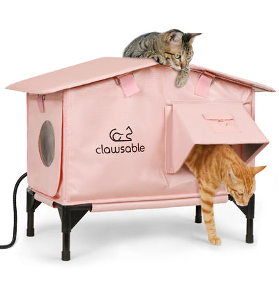 Pink heated outdoor cat house with roof design – flagship model, weatherproof and stylish