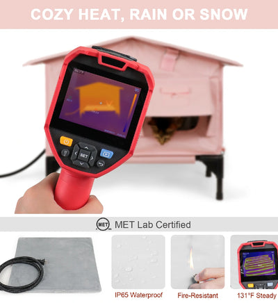 Pink heated cat house with safe MET-certified heating pad for cold weather