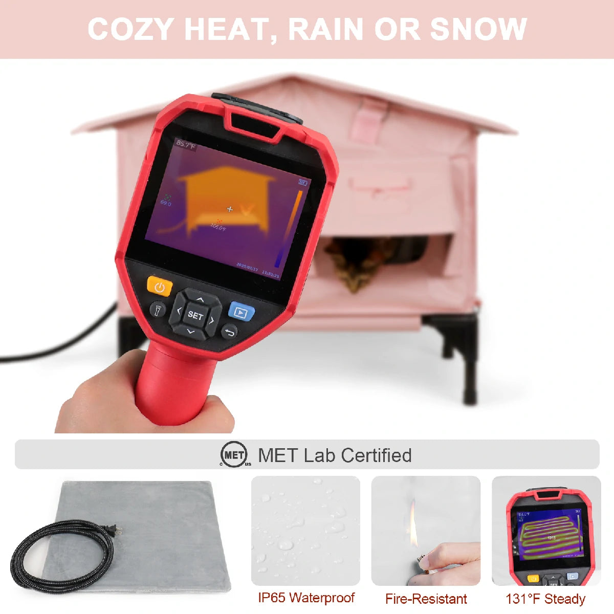 Pink heated cat house with safe MET-certified heating pad for cold weather