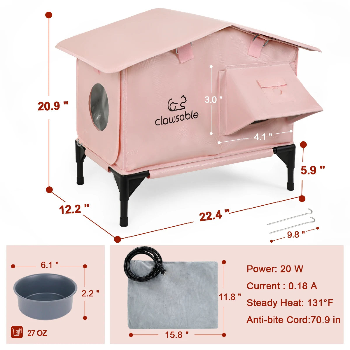 Dimensions of pink heated cat house, spacious outdoor shelter for cats