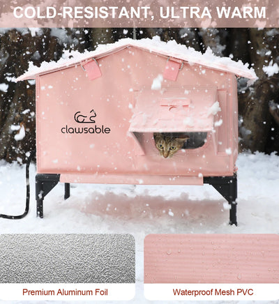 Pink heated cat house in snow, providing warmth and cold protection for outdoor cats