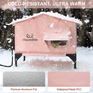 Pink heated cat house in snow, providing warmth and cold protection for outdoor cats