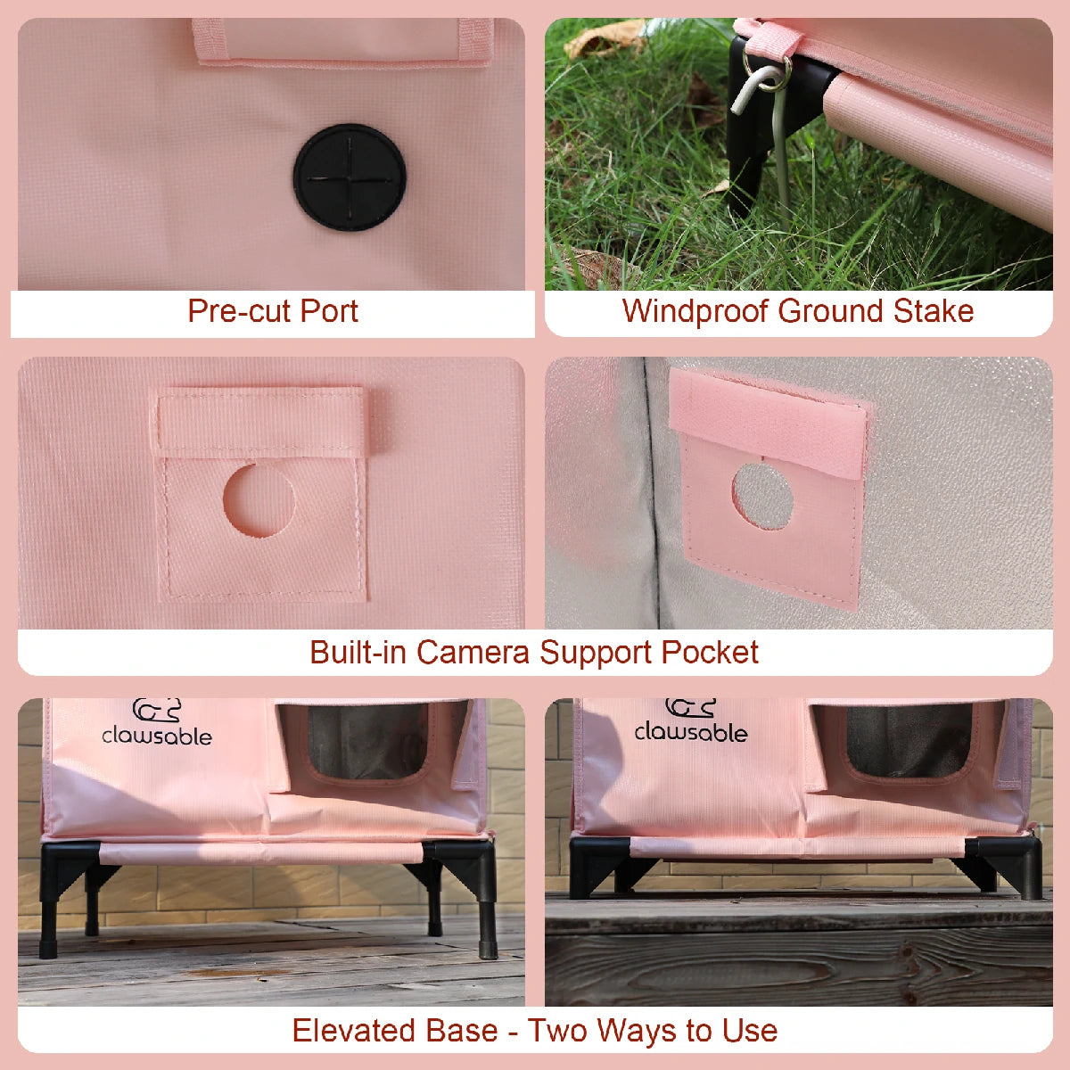 Detail design of pink insulated cat house – waterproof Oxford fabric and sturdy frame