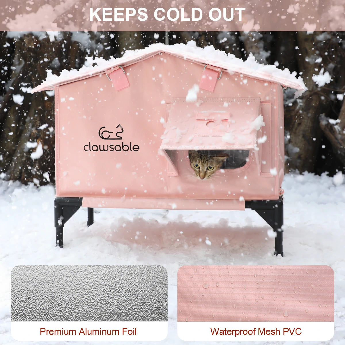 Pink insulated cat house in snow, designed for winter weather protection