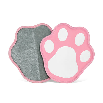 Pink paw pet hair removal glove showing front and back, reusable grooming tool designed to lift pet hair from furniture and fabrics