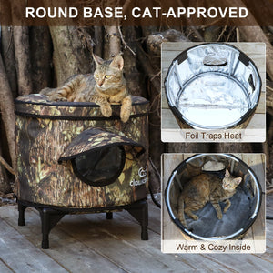 Round base outdoor cat house with foil insulation and cozy interior, keeping cats warm and comfortable in all seasons.