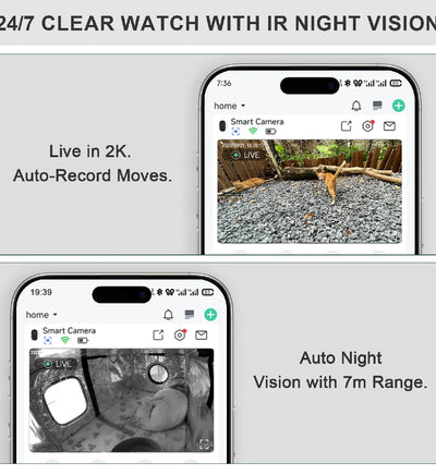 Smart cat camera with 2K live view and automatic motion recording, featuring IR night vision up to 7 meters for clear 24/7 monitoring.