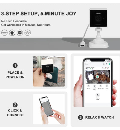Easy 3-step setup smart pet camera—just place, connect, and start watching your cat live in minutes with no tech hassle.