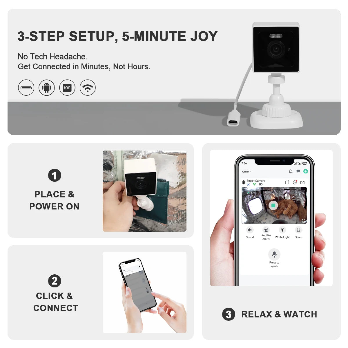Easy 3-step setup smart pet camera—just place, connect, and start watching your cat live in minutes with no tech hassle.