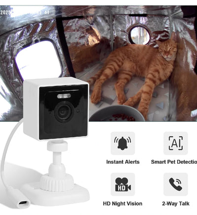 Smart pet camera with HD night vision, instant alerts, pet motion detection, and 2-way talk to monitor your cat anytime.