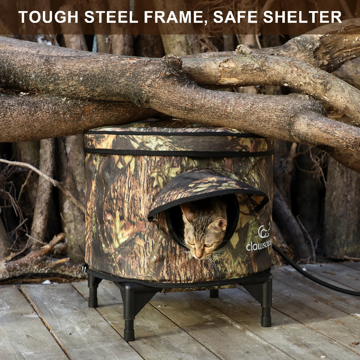 Durable outdoor cat shelter with tough steel frame and elevated design, providing a safe and weatherproof refuge for cats in all seasons.
