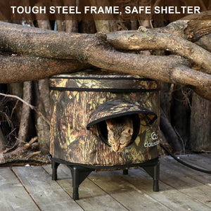 Durable outdoor cat shelter with tough steel frame and elevated design, providing a safe and weatherproof refuge for cats in all seasons.