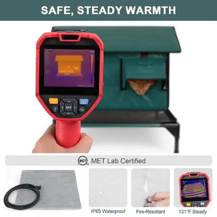 A thermal imaging camera displays a cat shelter at a steady 131°F (55°C), visually proving safe and warm for the orange cat inside. Text highlights "MET Lab Certified" for safety, with icons confirming IP65 Waterproof and Fire-Resistant features.