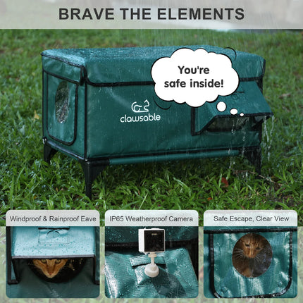 Weatherproof outdoor cat house for feral cats, featuring waterproof Oxford fabric, windproof eaves, and  cameras to keep pets safe and dry during heavy rain