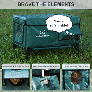 Weatherproof outdoor cat house for feral cats, featuring waterproof Oxford fabric, windproof eaves, and  cameras to keep pets safe and dry during heavy rain