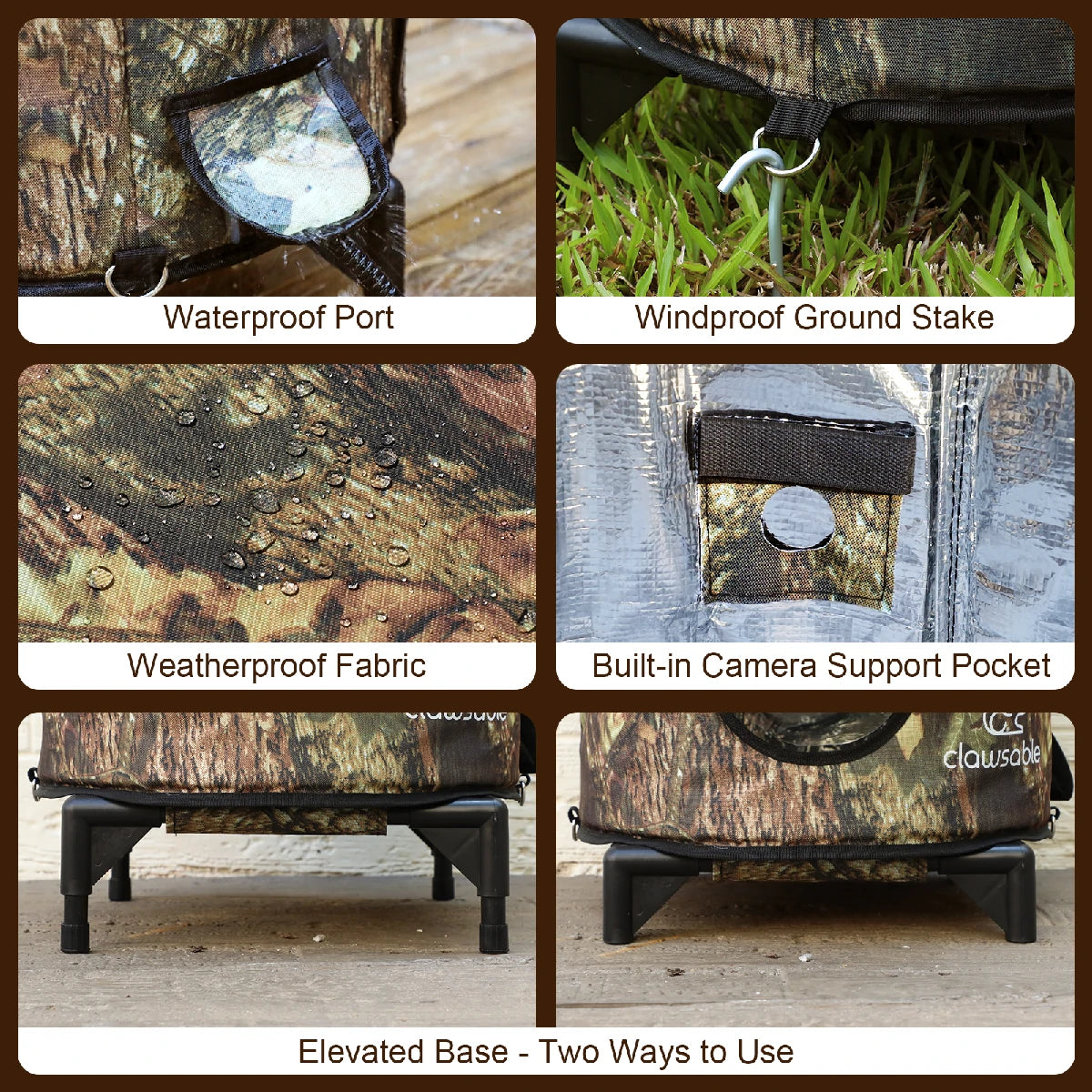 Weatherproof outdoor cat house with waterproof port, windproof ground stake, built-in camera pocket, and adjustable elevated base for stability and dryness.